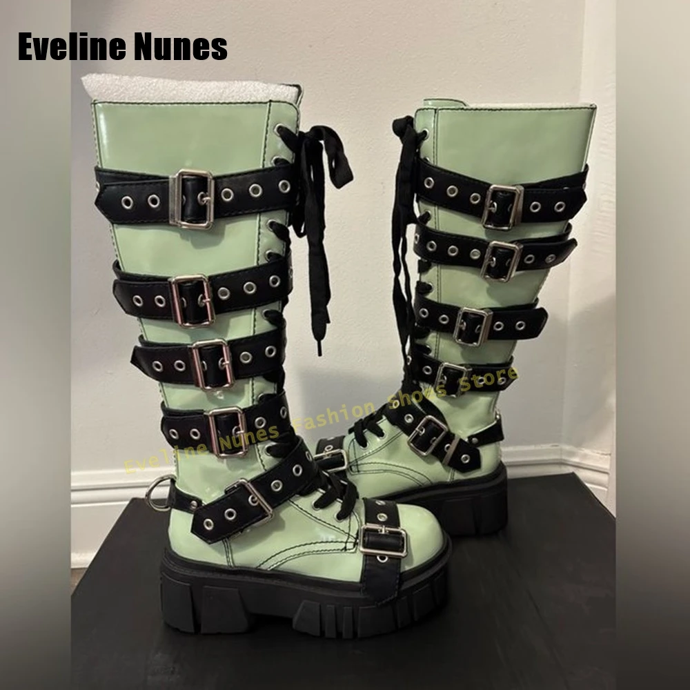 Belt Buckle Lace-Up Punk Boots Round Toe Tank Sole Sewing Patchwork Cool Dark Style Motorcycle Boots 2025 Heavy Work New Arrival