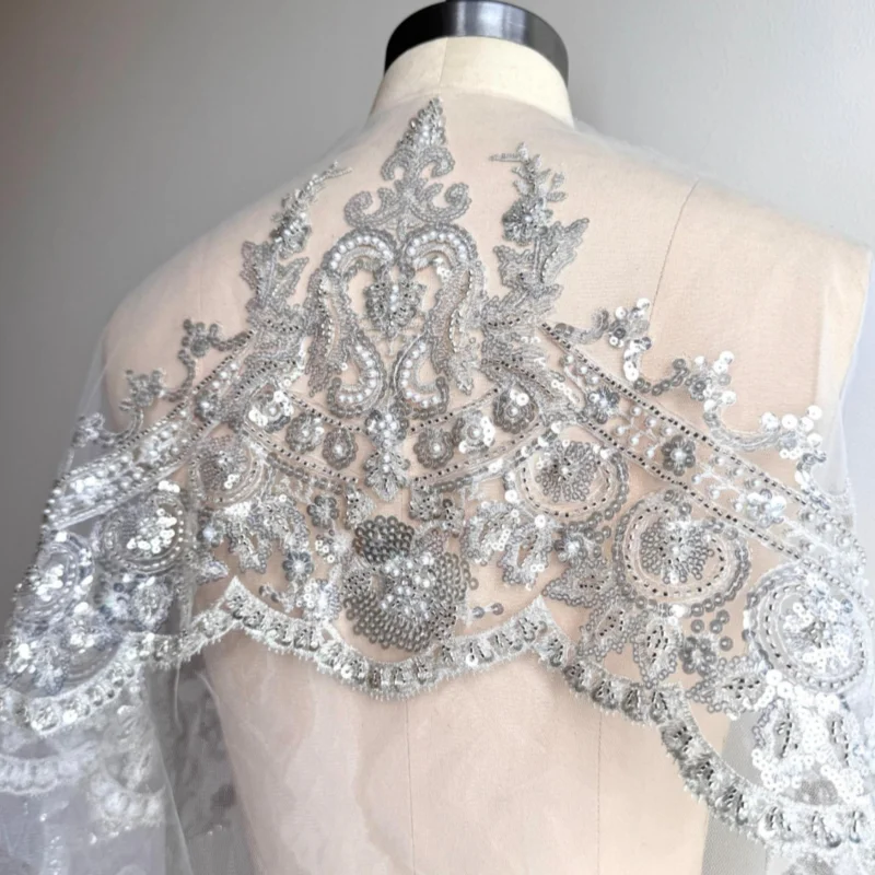 White High End Nail Bead Sequin Embroidery Drill Mirror Flowers Beading Rhinestone Shoulders Wedding Dress DIY Patch