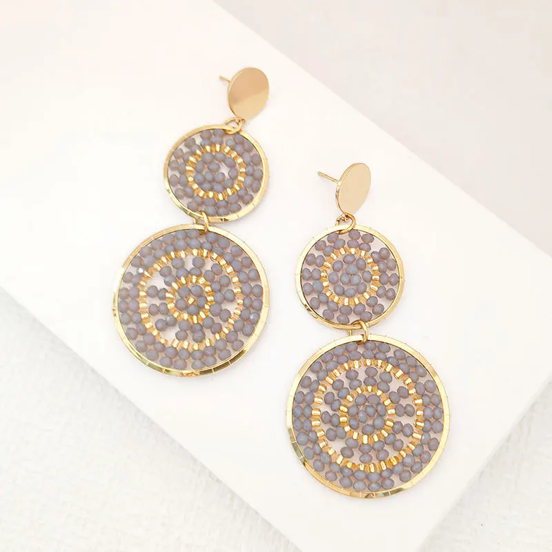 ZGMXR Rice bead earrings Crystal Circle Recessed design Double-layer Hand-woven Fashion Simple Alloy Woman Beaded earrings