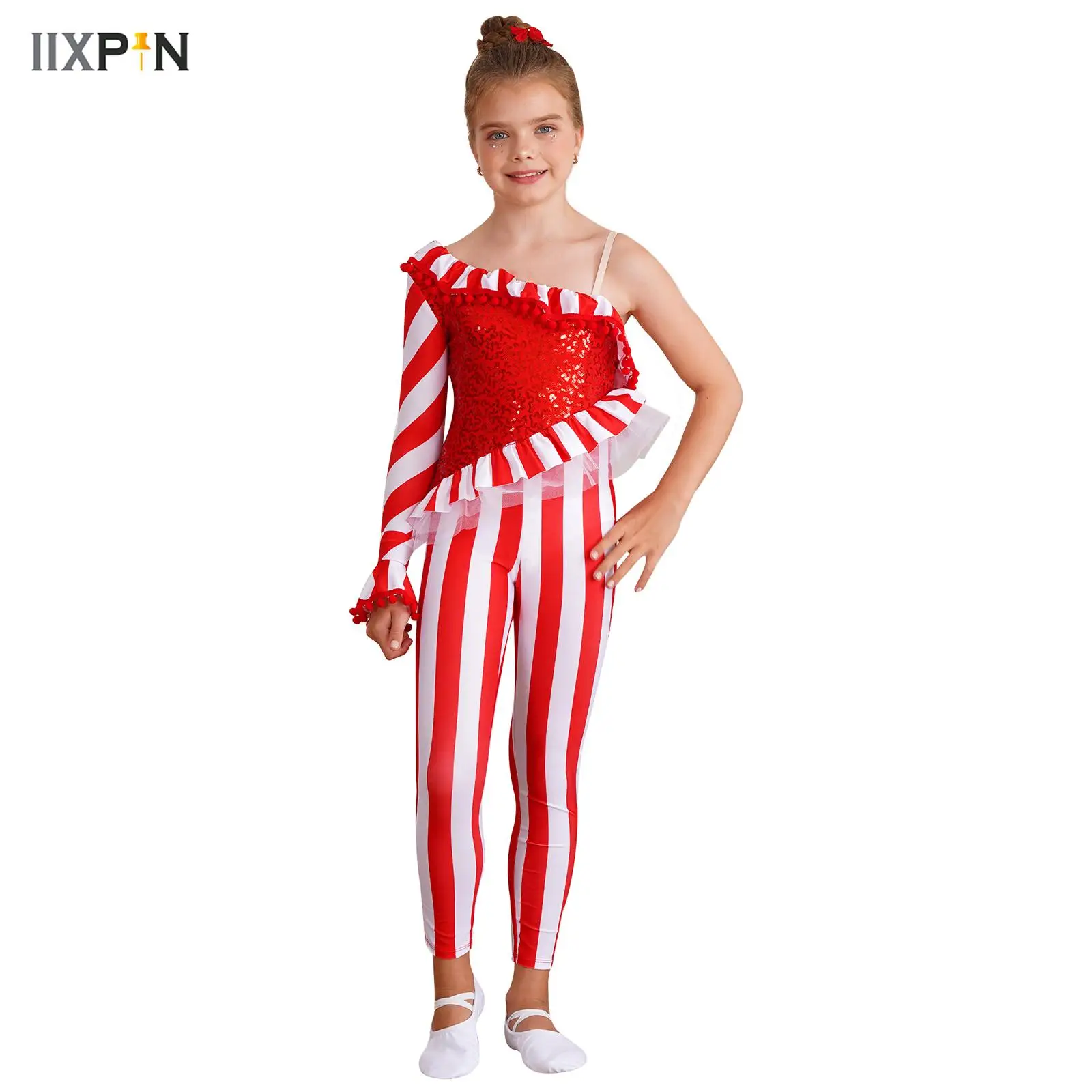 

New Girls Christmas Jumpsuit Shiny Sequins Pom Pom Trim Bodysuit Long Sleeve Stripe Pants for Performance Party Cosplay Costume