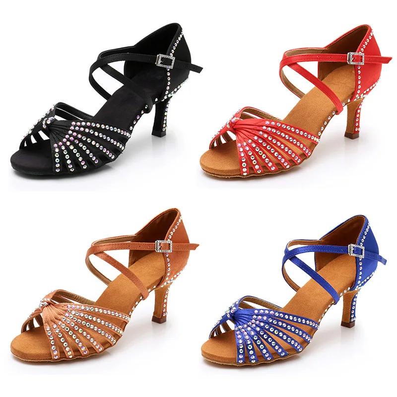 

Women Latin Dance Shoes Rhinestones Soft Bottom Tango Salsa Shoes For Dancing Ladies Sandals Women's Wedding Hight Heels 7.5CM