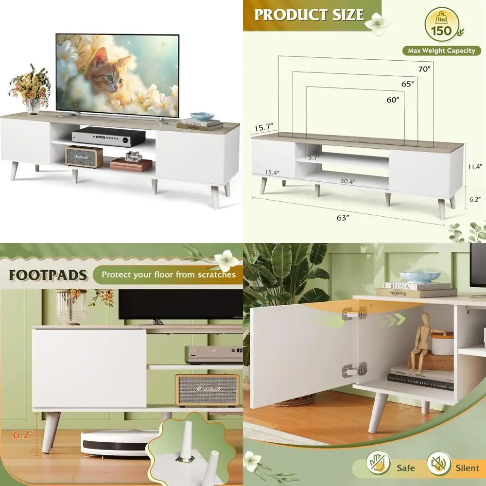 65-70 Inch TV Stand Boho Style Entertainment Center with Storage Cabinets Living Room Decor Greige White Console