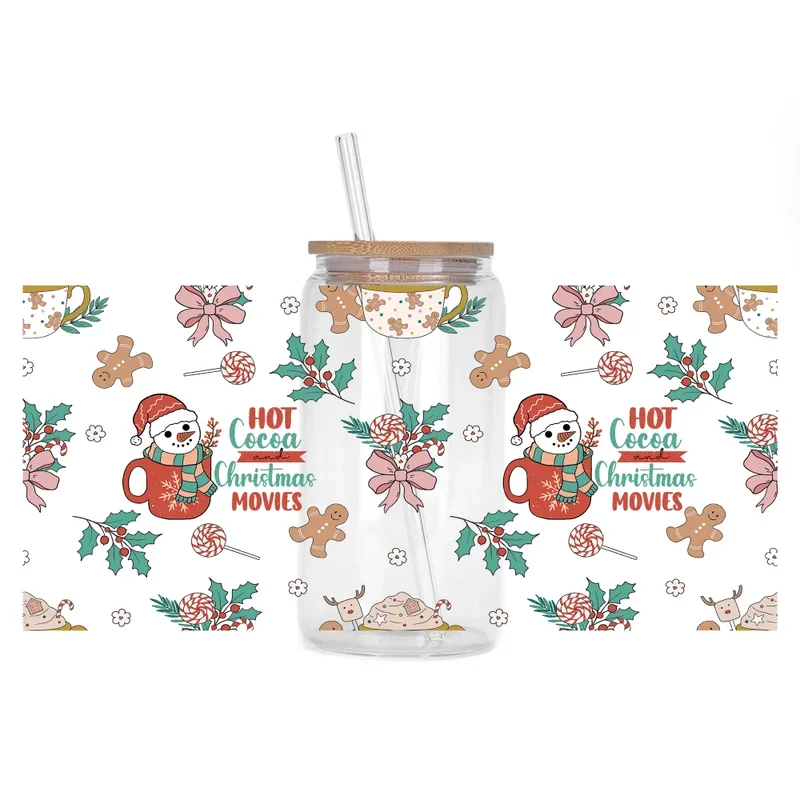 Christmas Series UV DTF Cup Decal Wrap for 16oz Libbey Glasses Can Waterproof DIY Cartoon Snow Man 3D Transfer Sticker