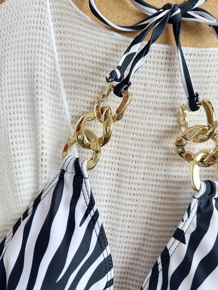 

Zebra Striped Halter Neck Tie-Up Bikini With Gold-Tone Chain Detail For Summer Beach Wear