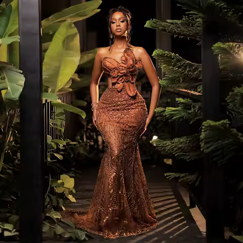 Gorgeous African Brown Evening Dresses Luxurious Beading Flowers Birthday Dress Black Girls Wedding Reception Dress Custom Made
