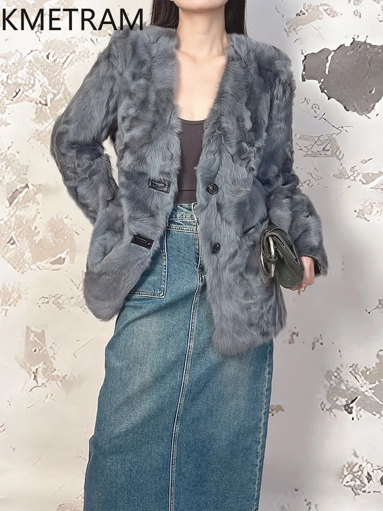 KMETRAM 100% Xiaohu Sheepskin with Wool Attached Coats V-Neck Short Fur Jacket New Winter Fur Coat Woman Clothing 69cm 2026 шуба