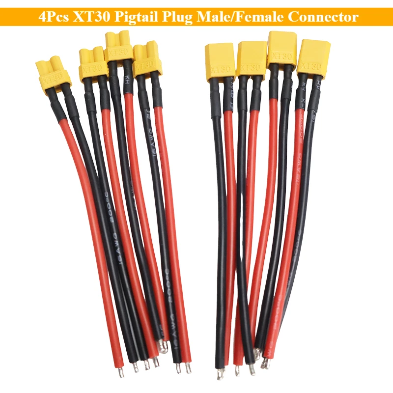 4Pcs XT30 Pigtail Plug Male/Female Connector with 100mm 16AWG Tinned Wire Cable for RC Lipo Battery FPV Drone Charger Expand