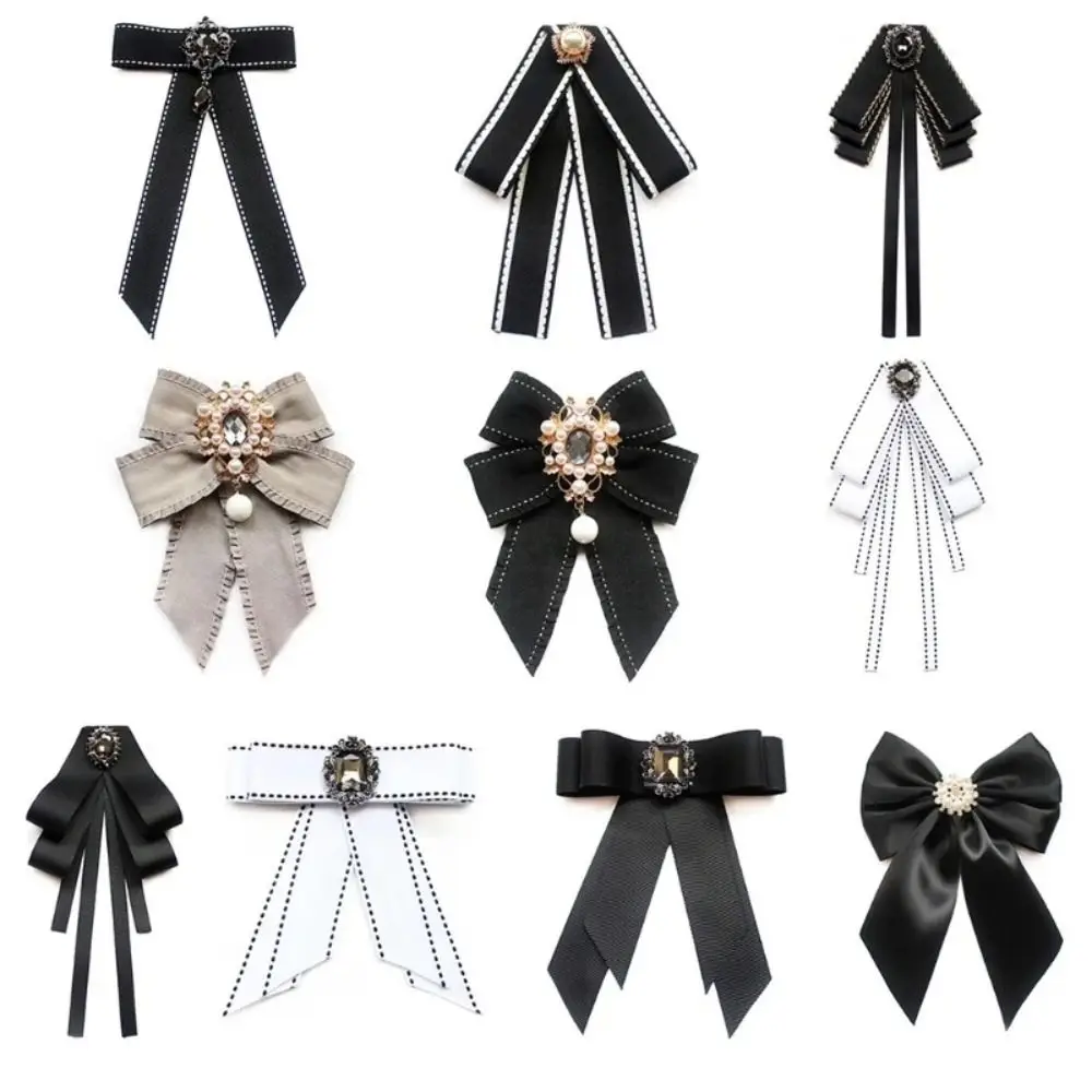 New Polyester fabric Women's JK Bow Tie Brooch Elegant Pearl Bow Blouse Collar Pin Ribbon Bow Tie Shirt