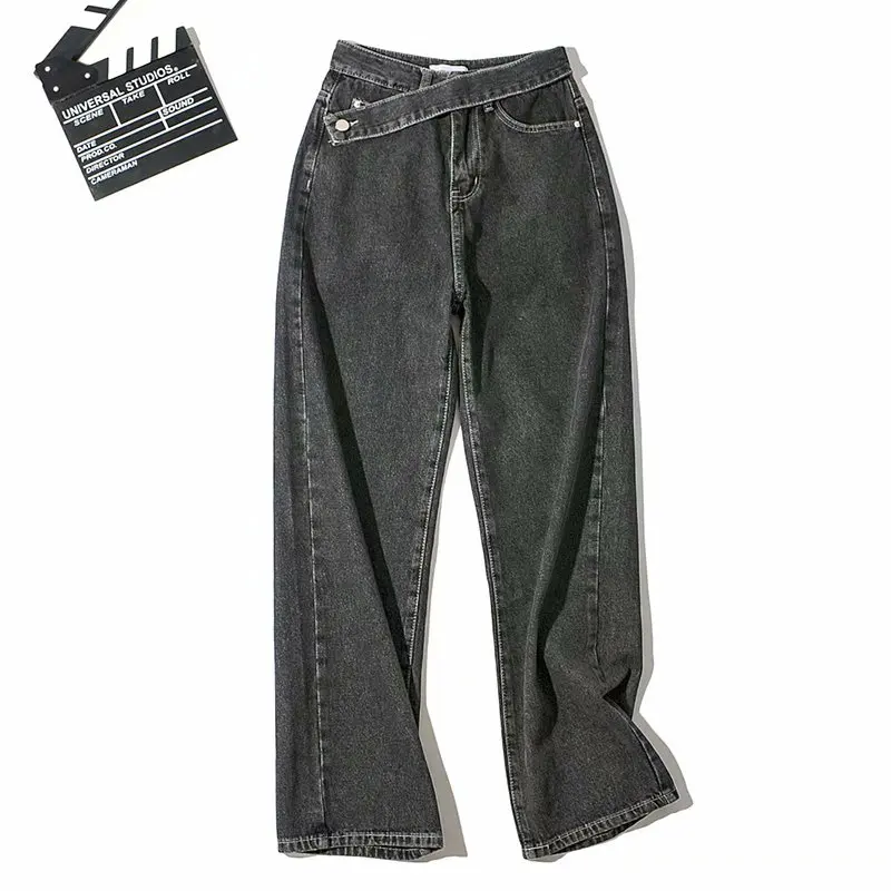 Women's High Waist Straight Leg Jeans Australian  Slanted Belt Design Trendy Wide Leg Pants Long Trousers Versatile
