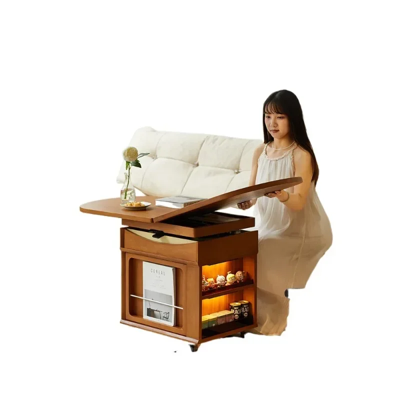 Medieval solid wood folding mobile lifting small coffee table cart