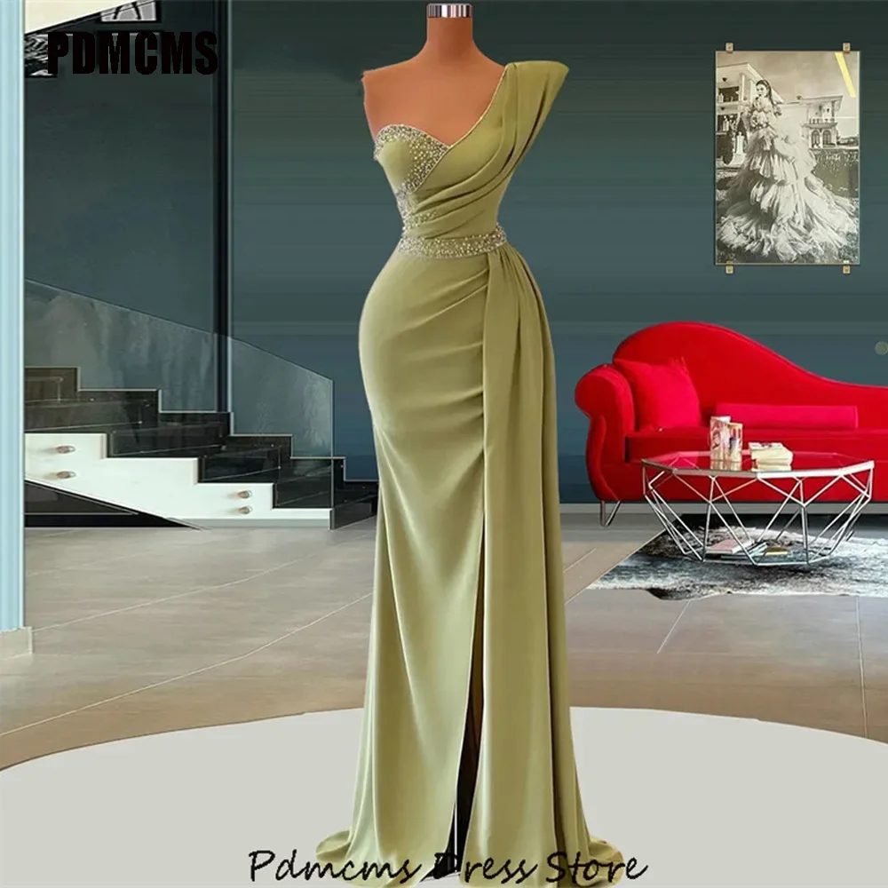 

PDMCMS Sexy Prom Evening Dresses One Shoulder High Split Party Dress Beadings Mermaid Floor Length Cocktail Gowns Custom Size