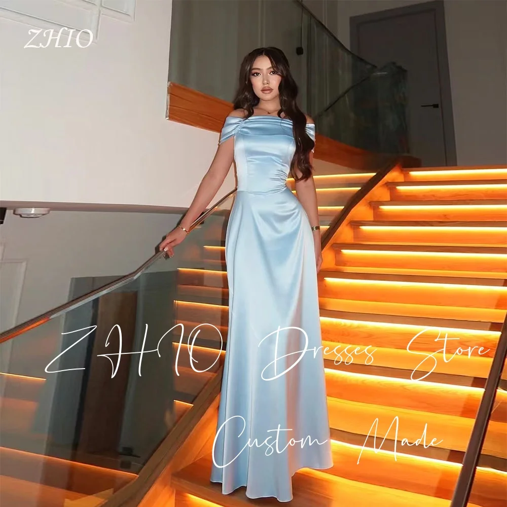ZHIO Elegant Blue Evening Dress Off Shoulder Pleat A-Line Floor Length Satin Special Occasion Party Dresses Customized Arabic