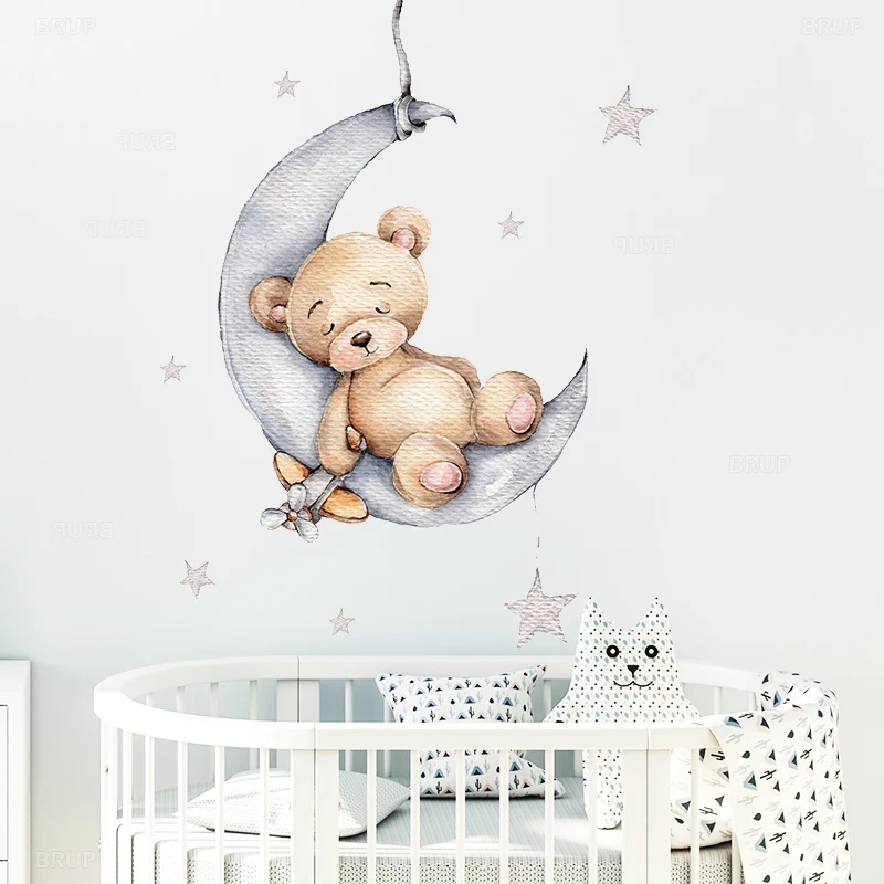 Autocollant mural de style bande dessinée,décoration d'intérieur représentant un ours en peluche dormant sur la lune et étoiles pour chambre d'enfant et de bébé,certificat de sécurité