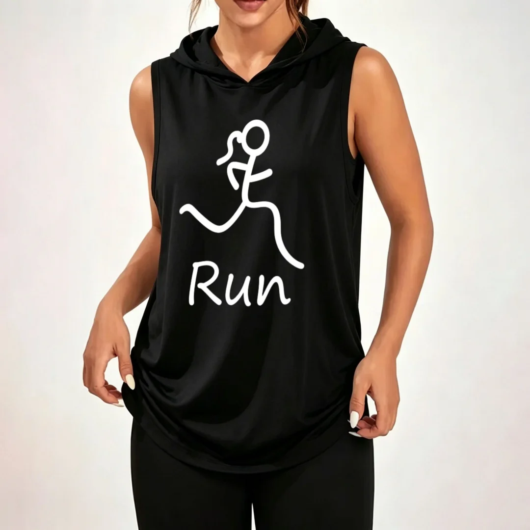 Unisex Sleeveless Hoodie Featuring a Cute Running Stick-Figure Girl — 100% Polyester, Loose-Fit Casual Athletic Top