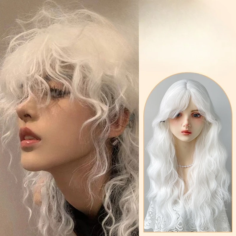 

Wig White Egg Roll Female Long Hair Roll Bangs COS Universal Simulation High Temperature Silk Rose Mesh