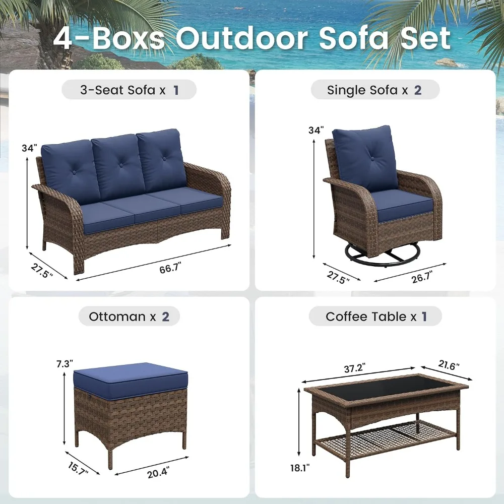 High Back Wicker Patio Sofa Set with 2 Swivel Rocker Chairs Thick Cushion Ottoman for Garden Porch, Custom