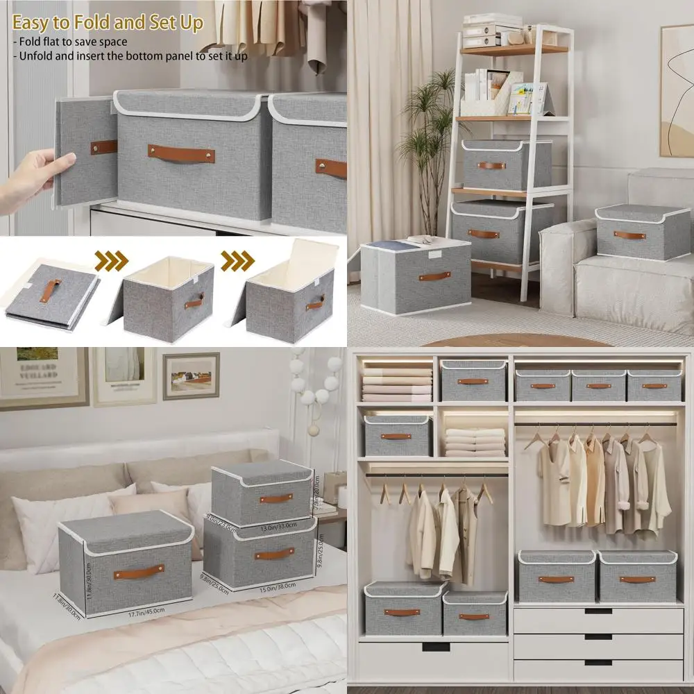 

5-Pack Grey Fabric Storage Bins with Lids and Leather Handles for Home and Closet Organization