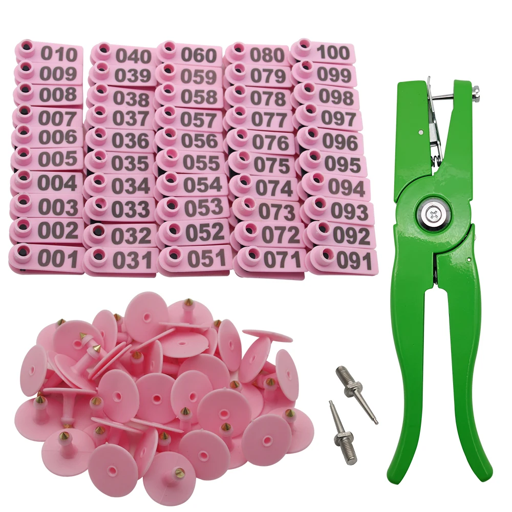 

001-100 Numbering Sheep Plastic Livestock Ear Tags for Goat, with Punch Applicator Plier & 2Pcs Tag Pins, Durable Farm Animal ID