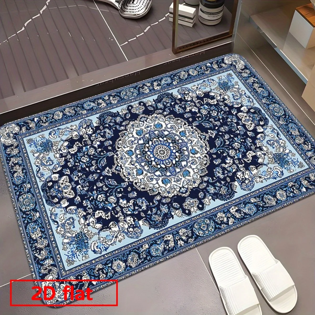 2D Flat, 2D Flat Printed 1pc Retro Bohemian Style Flannel Bathroom Mat, Non-Slip And Machine Washable, Suitable for Bathroom, Li