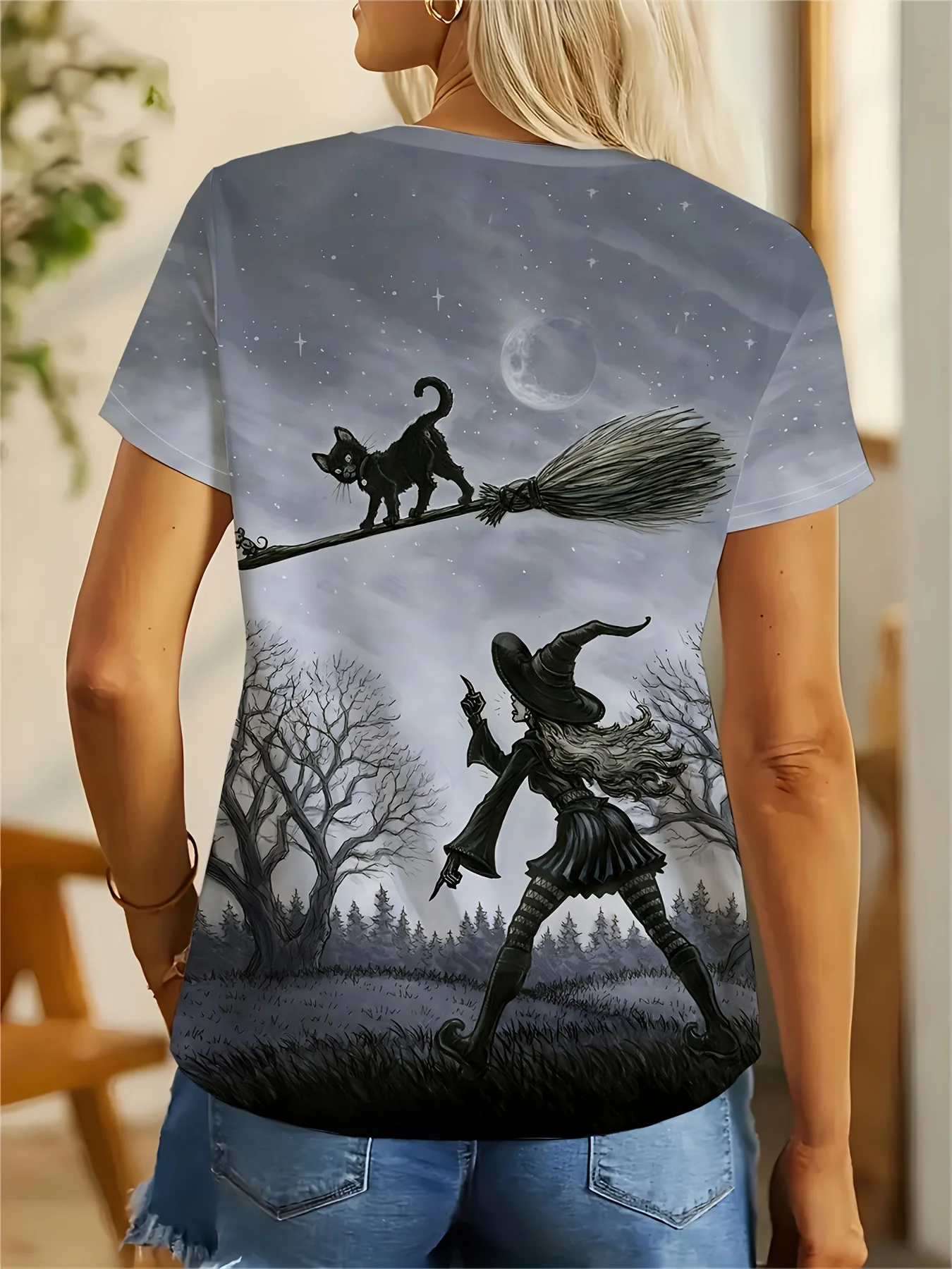 Women Halloween Witch Black Cat Broom Print T‑Shirt Moon Dead Tree Forest O‑Neck Short Sleeve Tops