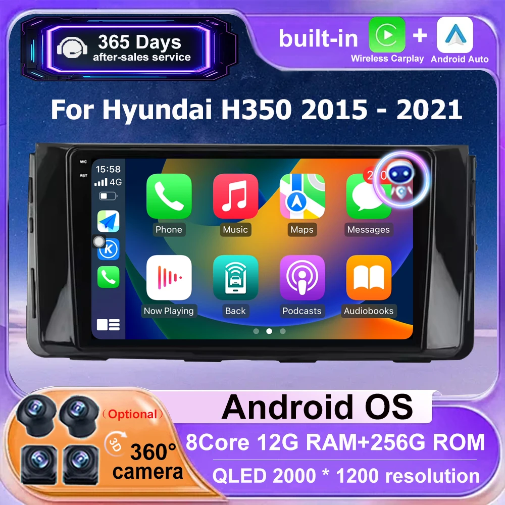 

9-дюймовый автомобильный радиоприемник, мультимедийный видеоплеер, GPS-навигация, стерео для Hyundai H350 2015-2021 Android 16 Auto Wireless Carplay BT DSP