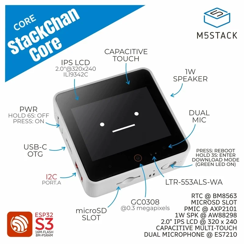 NEW M5Stack StackChan Core ESP32 S3 AI Desktop Robot Controller 2.0 Touch Screen Wi Fi BLE Replaceable Mainboard for DIY Pet