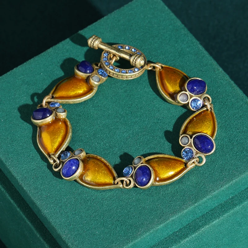 

Vintage Yellow Enamel Bracelets Luxury Antique Gold Color Natural Stone Designer Jewelry For Women New Trends 2026 Accessories