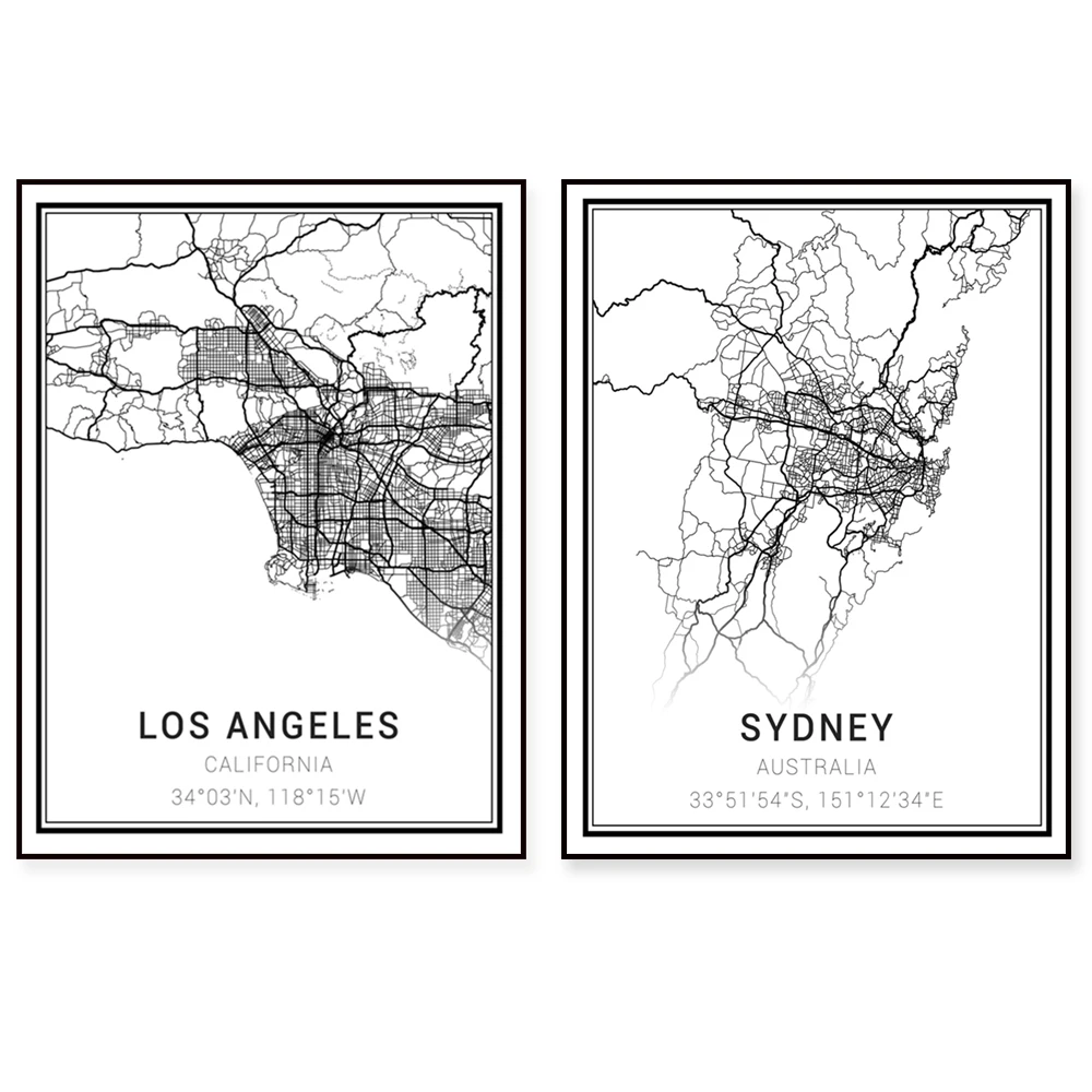 Map posters for Oakland, Chicago, Leicester City, Seattle, Detroit, Los Angeles, Atlanta, North Carolina, Portland, and Denver.