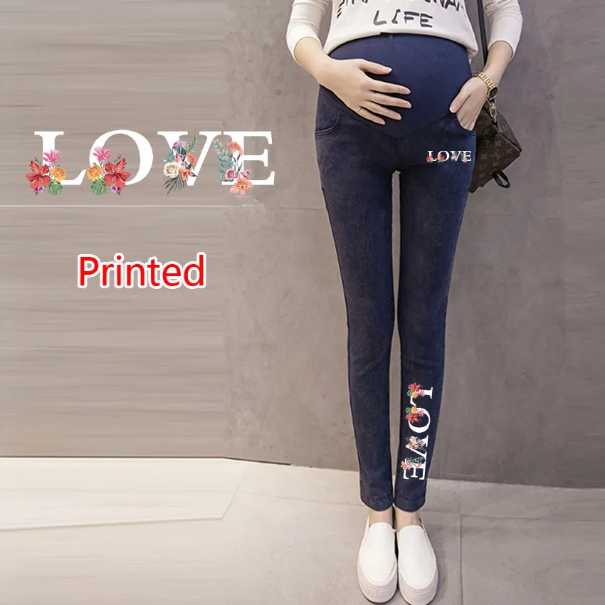

Elastic High Waist Maternity Leggings Skinny For Pregnant Women Belly Support Denim Jeans Pants LOVE Letter Print Trousers