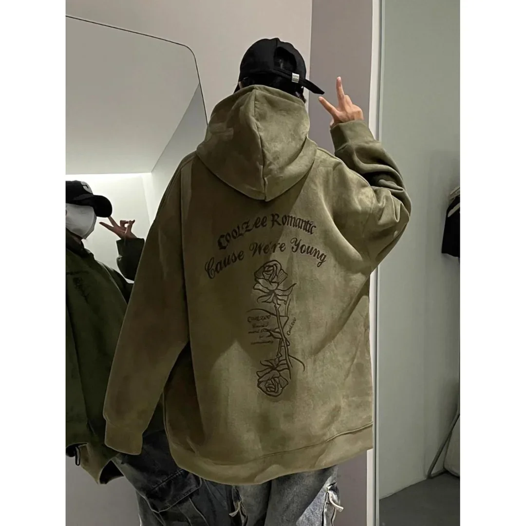 

American retro hooded suede sweatshirt men's trendy brand autumn and winter heavy tops loose trendy hoodie jacket y2k ins emo