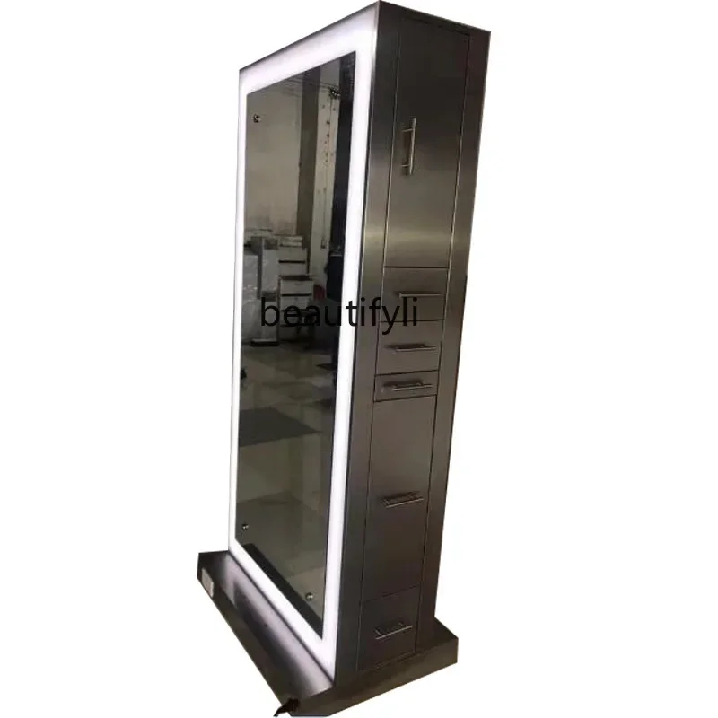 

Barber Shop Mirror with LED Light Floor Mirror Full-Length Mirror Hairdressing Stainless Steel Dressing Table