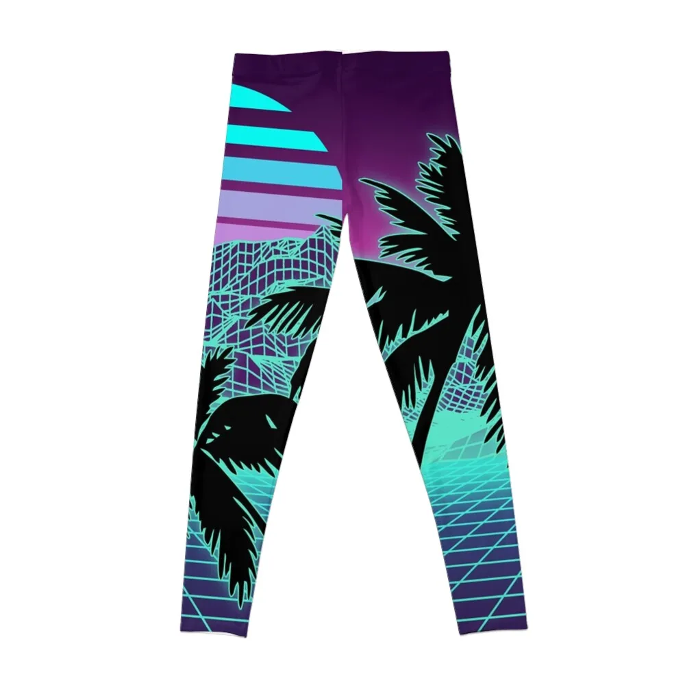 Retro 80s Vaporwave Sunset Sunrise With Outrun style grid print Leggings jogging pants trousers Womens Leggings