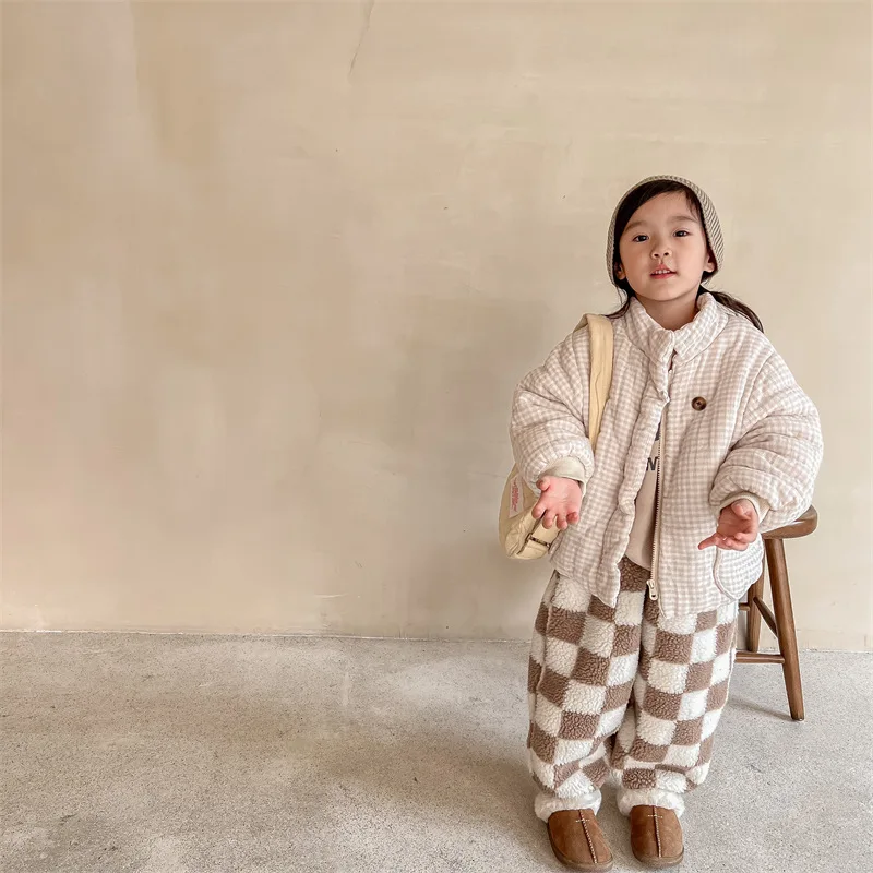 2024 Winter New Children Plaid Cotton Padded Jacket Long Sleeve Girls Warm Coat Plus Velvet Thick Kids Casual Jacket Boy Clothes