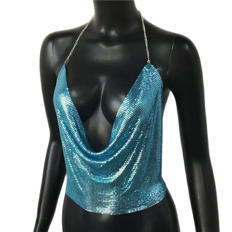 Women 2026 Sexy Metal Sequined Tank Camis Summer Gold Silver Backless Cropped Glitter Beach Club Show Wear Tank Tops