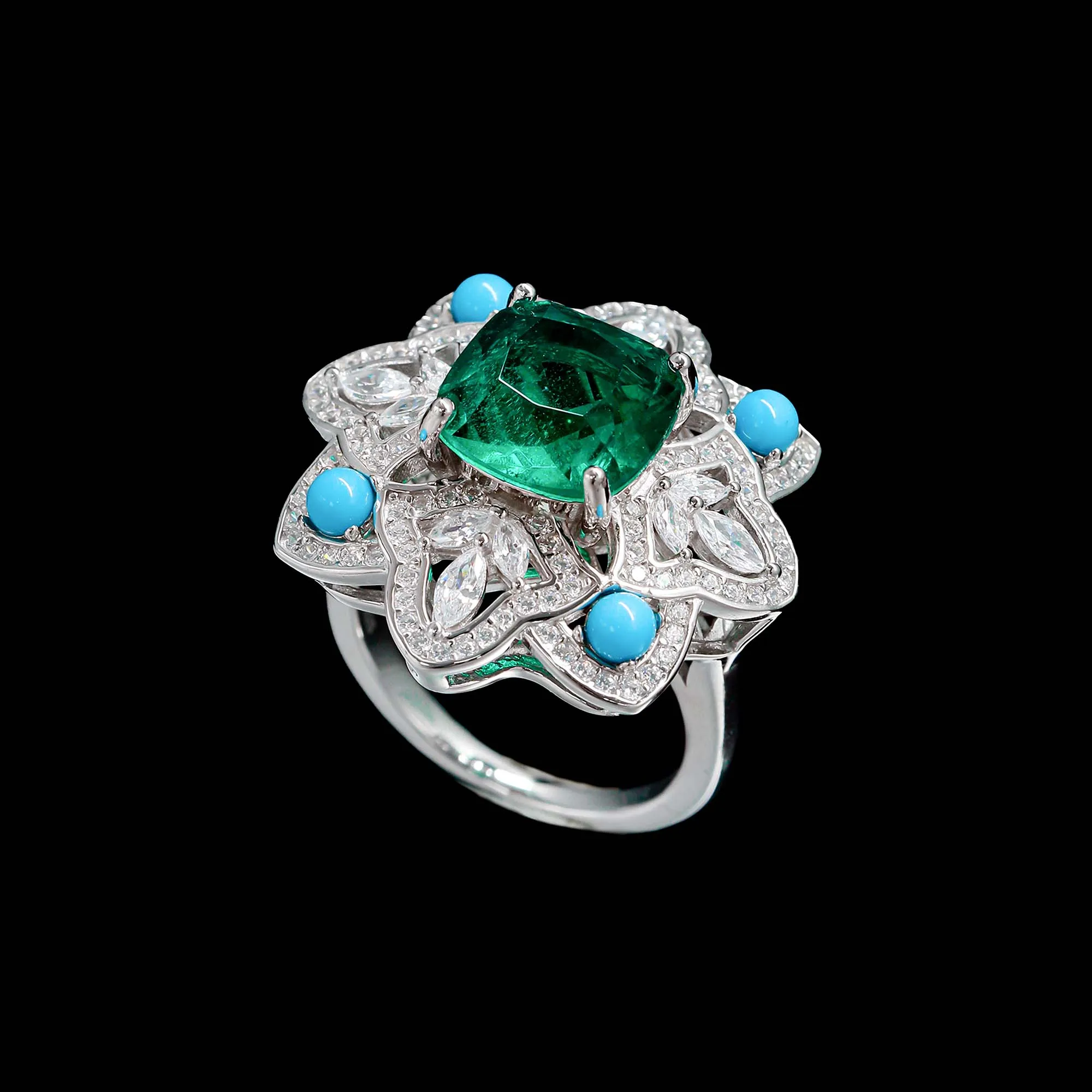 Flower Design 925 Sterling Silver Statement Ring 6.5ct Artificial Cushion Emerald Fine Jewelry for Women's Cocktail Banquet Gift