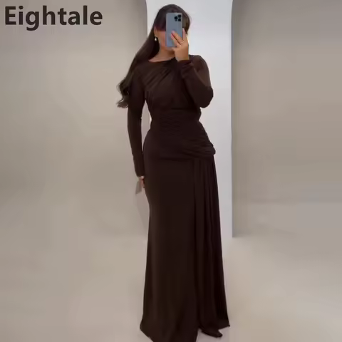 Eightale 2025 Brown Evening Dress O-Neck Pleat Long Sleeves Muslim Customized Arabic Prom Gown Muslim Party Dress robe de soiree