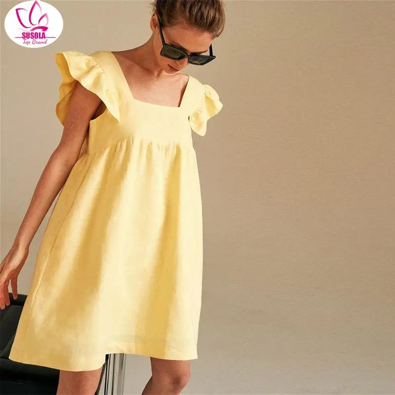 SUSOLA 2024 Women Summer Sexy Dress Square Neck Solid Color Sexy Women Cute Dress Elegant Women Clothes Vestidos