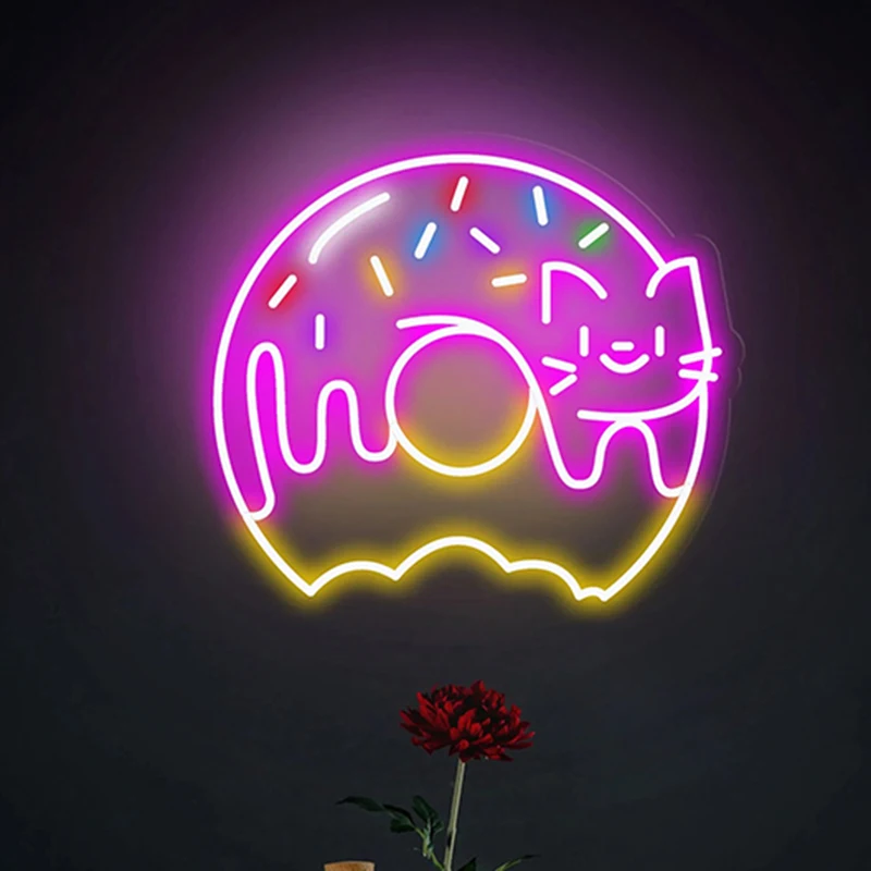 Señal de neón de Donut, luz de neón de Anime de gato lindo para restaurante, decoración de tienda de comida, dulces Dounts, letreros de luces Led personalizados