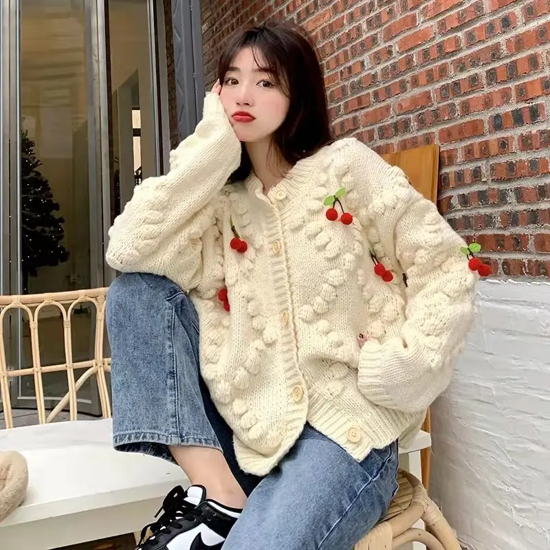 

Cardigan sweater female Knitting Cherry Summon Design Injutrical Christmas New Year Sweater Jacket Winter long sleeve cardgian