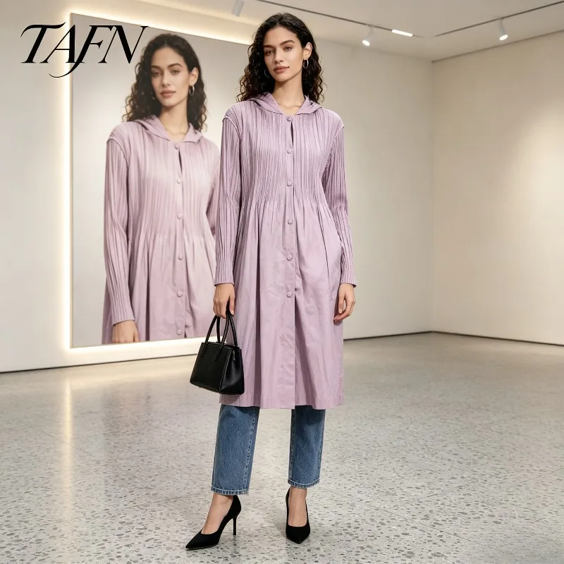 Miyake Pleated 2026 Autumn New High-End Elegant Loose Pleated Women's Casual Long Hooded Trench Coat Fashionable Thin Style