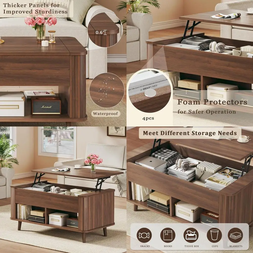 

Современный журнальный столик в стиле середины века с местом для хранения, 41-дюймовый стол из орехового дерева с закругленным и изогнутым дизайном, скрытым отделением, подходит для