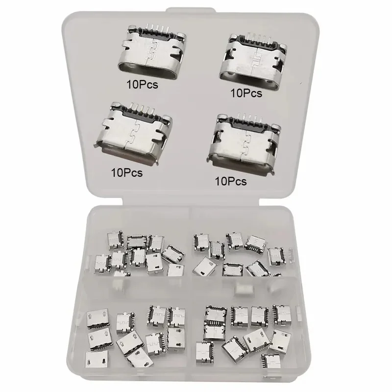 40Pcs 4 Models Micro USB 5Pin / Type C 6Pin 16Pin Female Jack Connector SMD DIP Socket Phone Charging Port DIY Repair Adapter