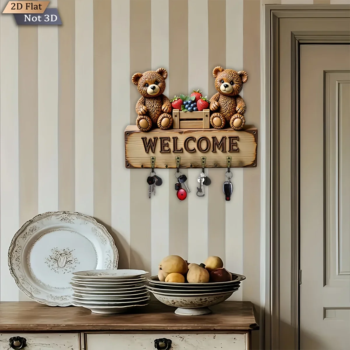 2D Flat, 1pc, Bear And Fresh Fruit Welcome Theme Style Key Hook, Wooden Multifunctional Home Key Holder with Four Metal Hooks,