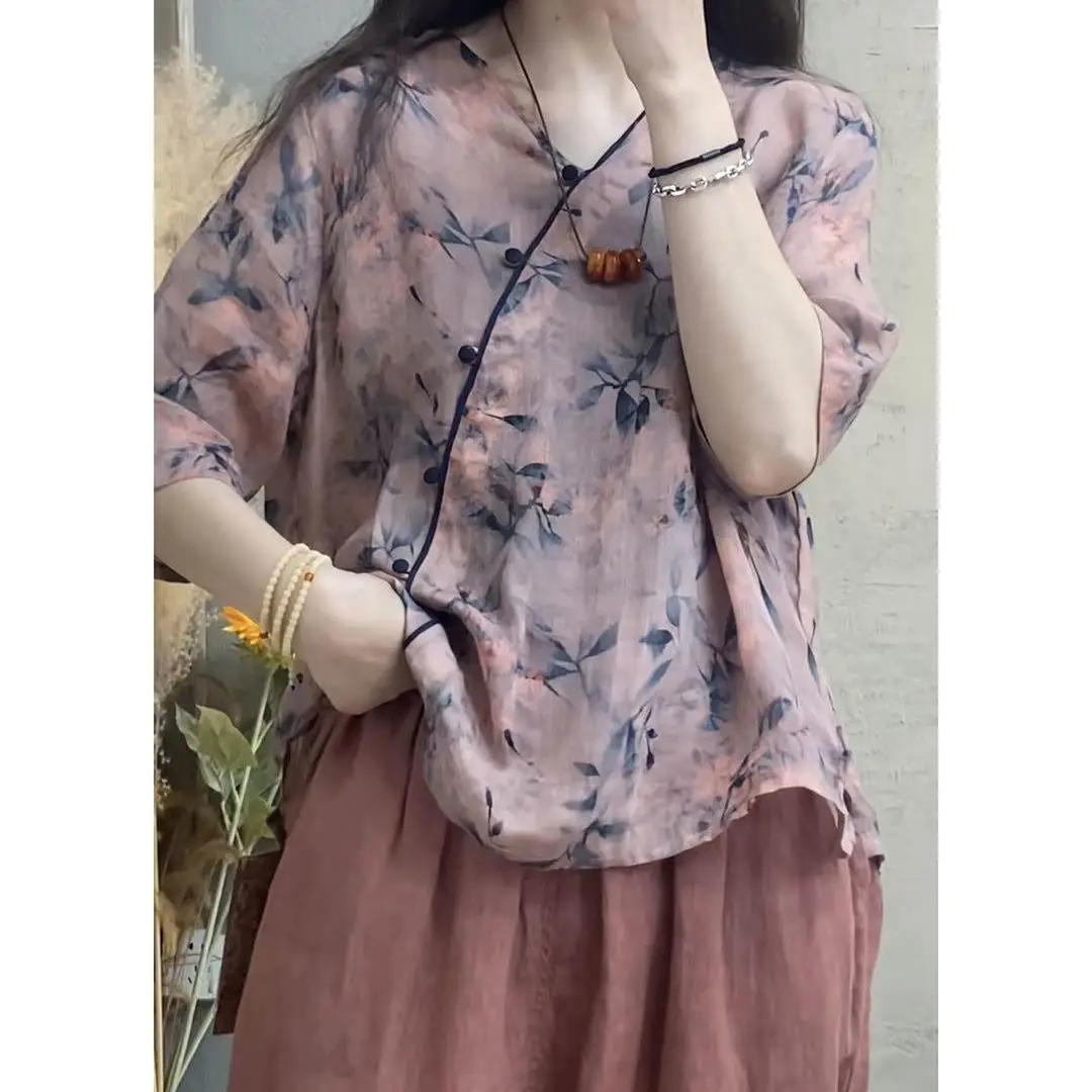 

Женский комплект из чистого хлопка и льна, летний топ с v-образным вырезом и принтом, брюки Харлан, утягивающий комплект из двух предметов, простая моя