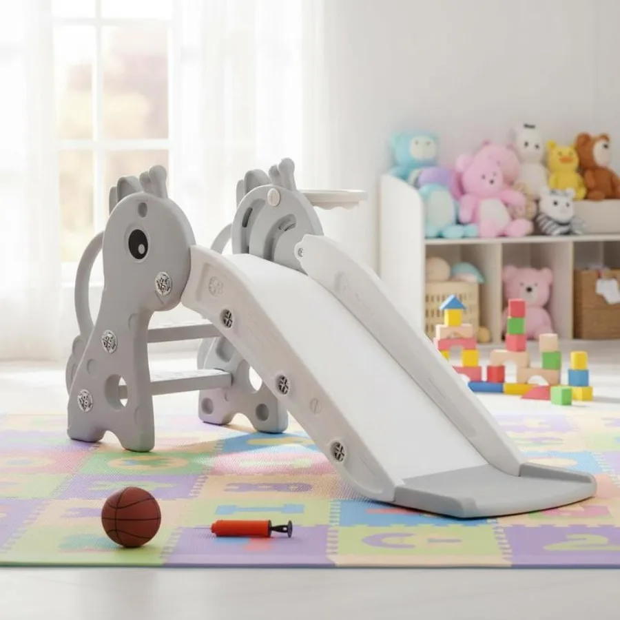 

AIYAPLAY 3 in 1 Kids Slide with Climber, Basketball Hoop and Ball, Giraffe Shape Climber Slide for Indoor Kids Age 1-3, Grey
