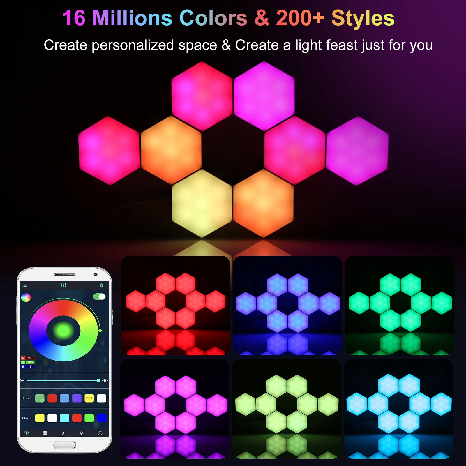 8PCS BT Connected RGB Hexagon Light Ambient Lamp Wall Decorative Lighting with Controller Supported Phones App Line Controller