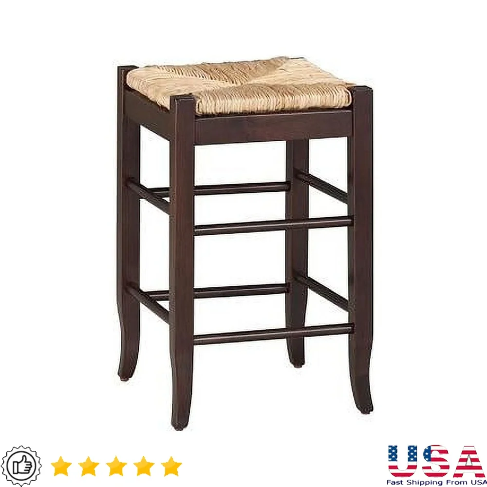 

Elegant Backless Wood Counter Stool with Hand-Woven Rush Seat Solid Hardwood Frame Tapered Legs Double Stretchers Stability and