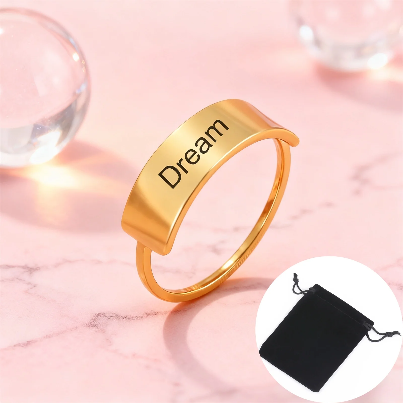 Customized Name Date Women's Ring Stainless Steel Geometric Rectangular Carving Name Logo Ring Couple Jewelry Gift