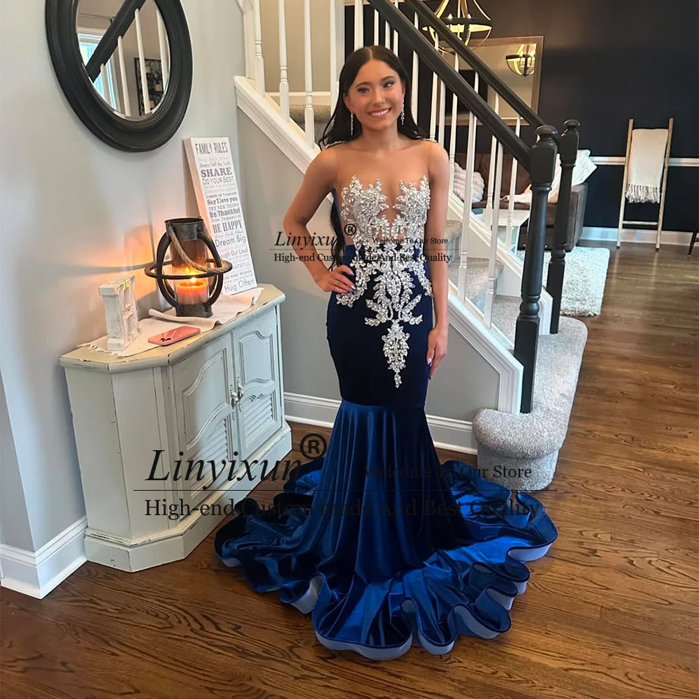 فساتين لحضور الحفلات الموسيقية من الكريستال اللامع الرائع 2025 حورية البحر المخملية رداء حفلات السهرة مخصص الوهم ذيل محكمة vestidos de gala