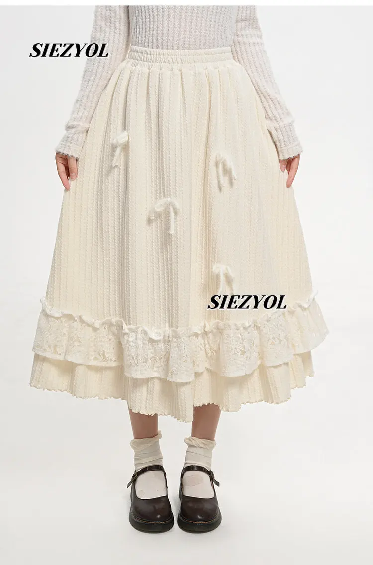 Gentle Style Versatile High Waist Long Skirt Women's Autumn New Sweet Lace Splicing Solid Color Elastic Waist A- Line Skirts